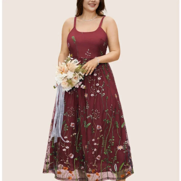 BloomChic Dresses & Skirts - BloomChic U Neck Floral Embroidered Mesh Cami Dress